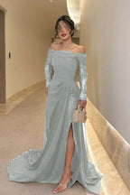 Off the Shoulder Long Sleeves Long Split Prom Dress With Pleated WQ0009
