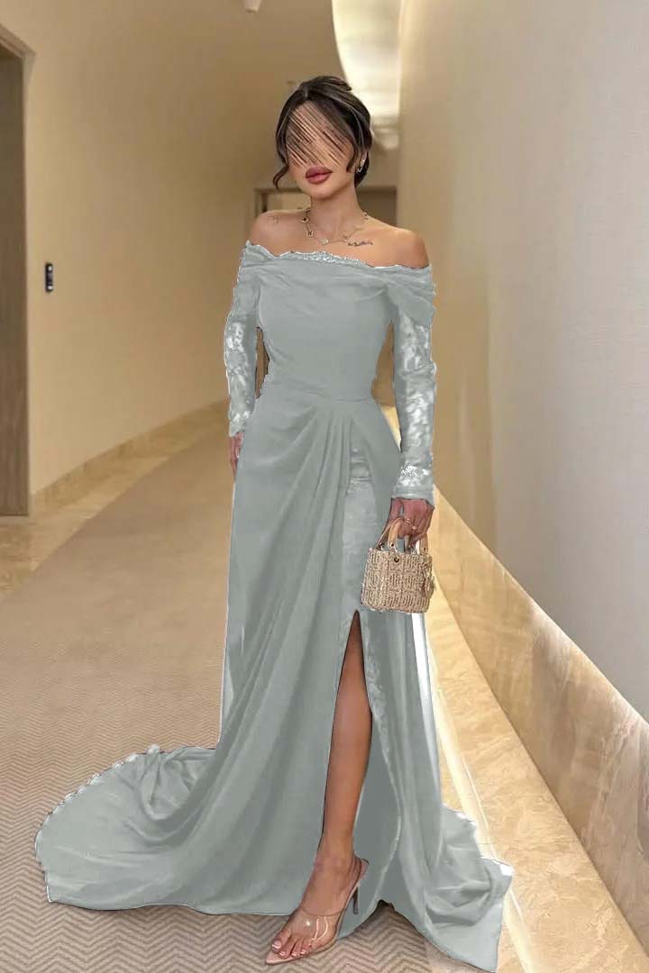 Off the Shoulder Long Sleeves Long Split Prom Dress With Pleated WQ0009