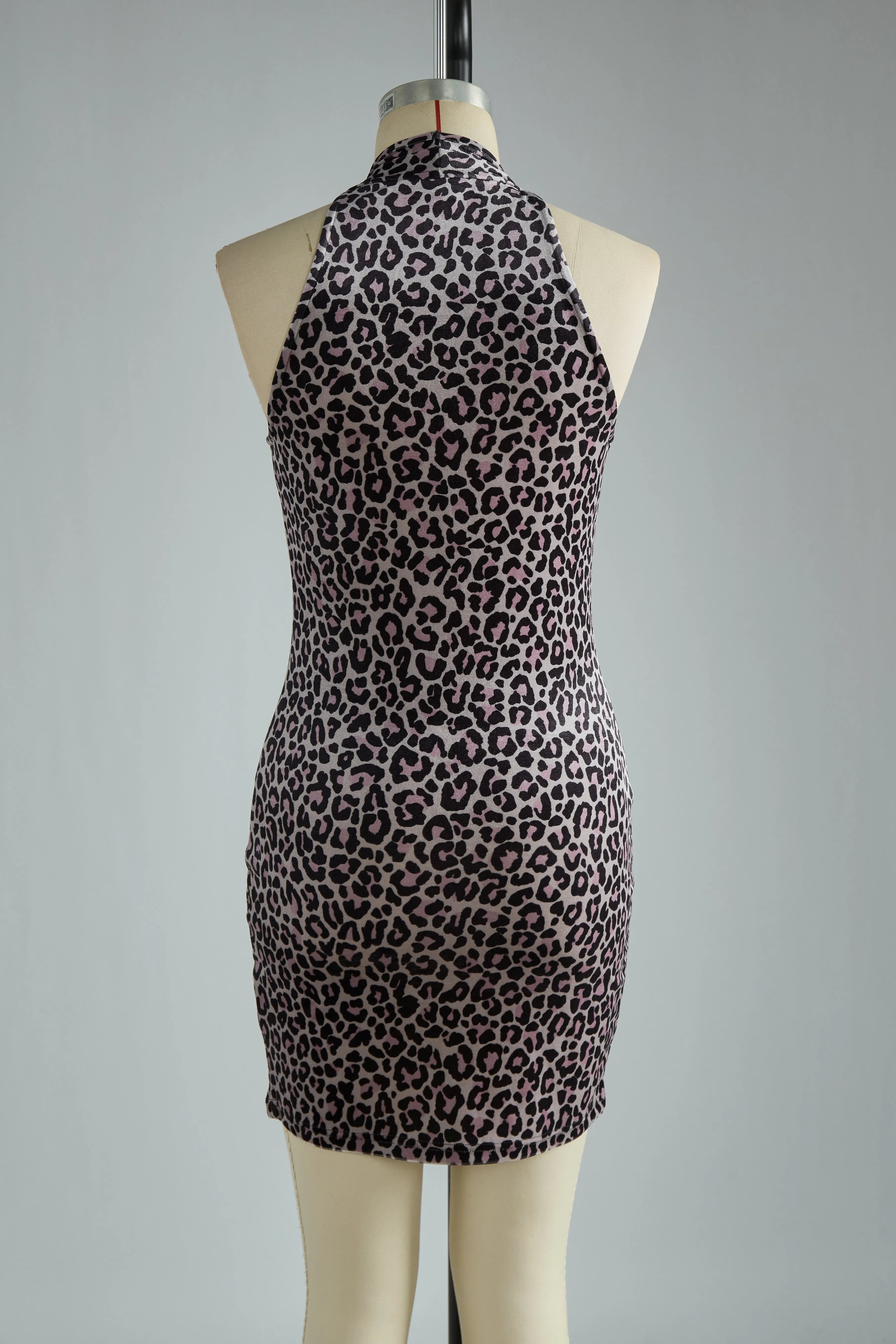 Elegant And Sexy Purple Leopard Print Halter Velvet Mini Dress