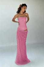 Cocoslly Strapless Sleeveless High Waist Long Mermaid Prom Dress | Creme Yellow Satin And Sequins YC0568