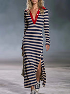 Retro Nautical Navy Striped Polo Collar Long-Sleeve Slit Maxi Dress