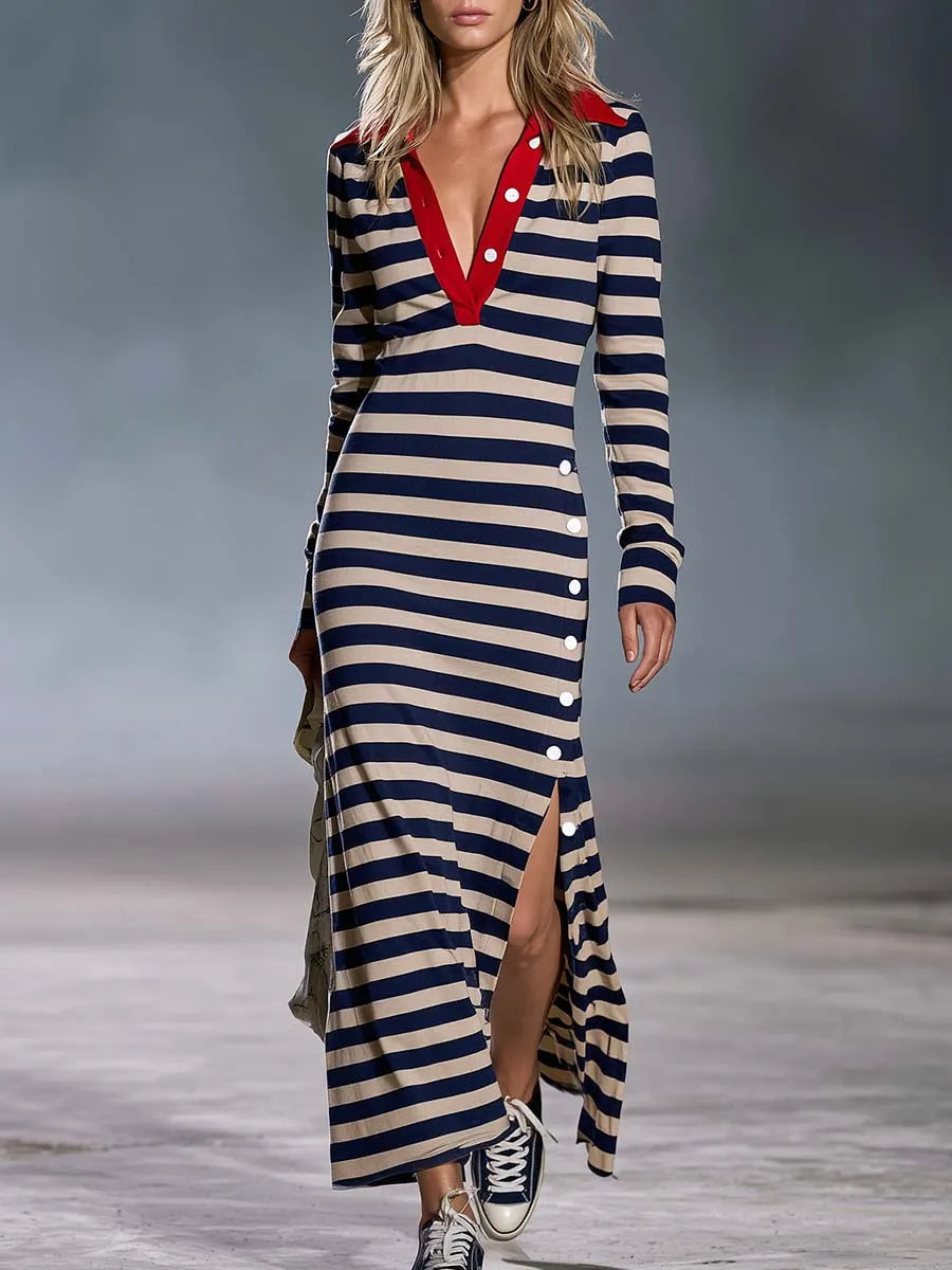 Retro Nautical Navy Striped Polo Collar Long-Sleeve Slit Maxi Dress