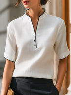 Contrast Trim Notch Collar Short Sleeve Blouse With Minimal Button Placket