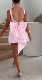 Cocoslly Scoop Neck Sleeveless Mini Short Prom Dress With Bowtie And Pearls | Pink Satin CO0017
