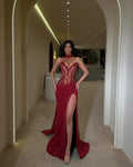 Cocoslly Strapless Sweetheart Sleeveless Long Prom Dress With Split | Burgundy Satin CO0084