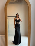 Cocoslly Halter Sleeveless High Waist Long Mermaid Prom Dress | Black Satin CO0114