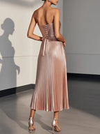 Rose Gold Pink Pleated Satin Strapless Sleeveless A-Line Midi Dress