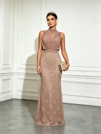Light Brown Jacquard Ruched Classic Mock Neck Sleeveless Mermaid Gown Dress