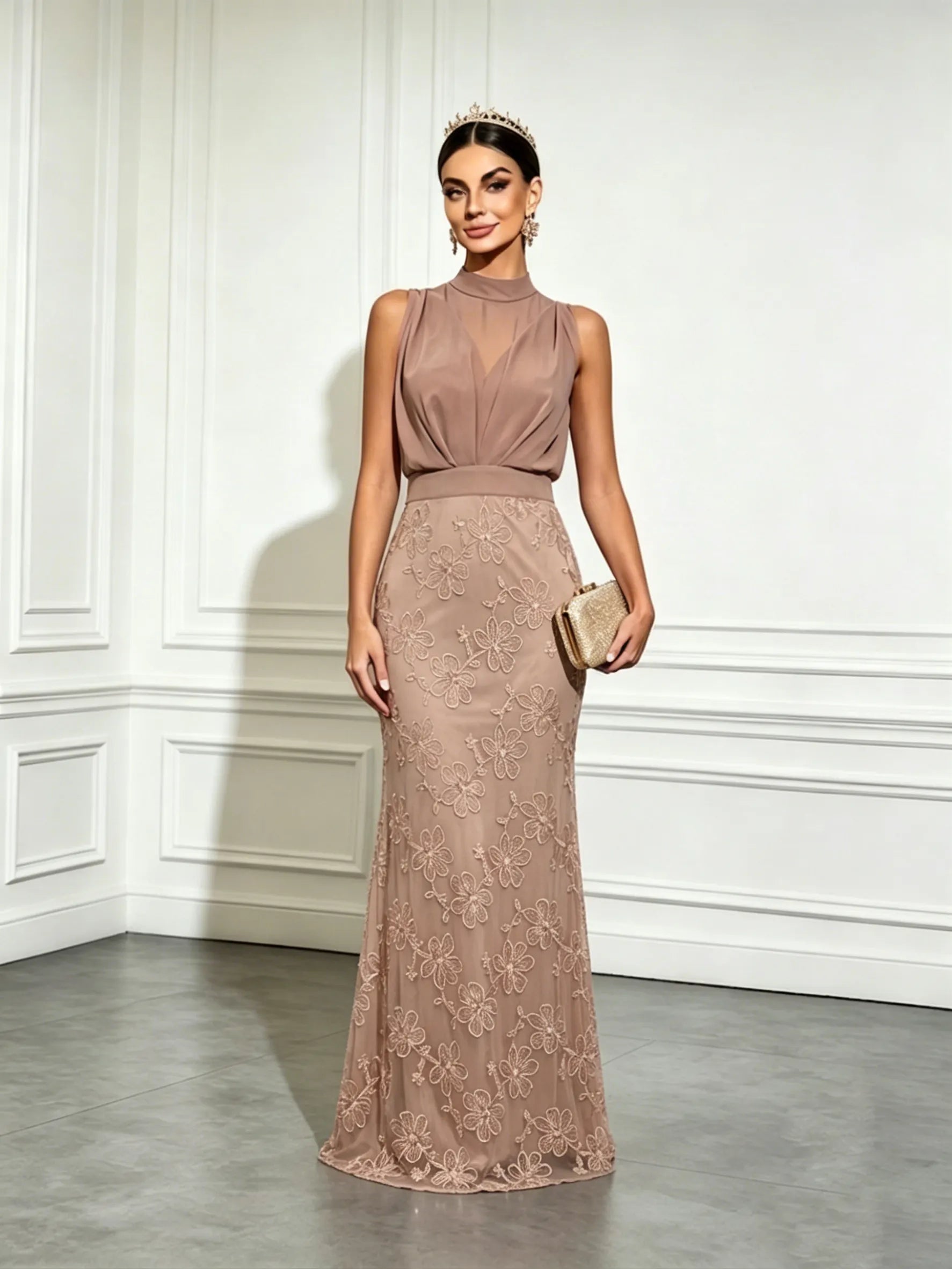 Light Brown Jacquard Ruched Classic Mock Neck Sleeveless Mermaid Gown Dress