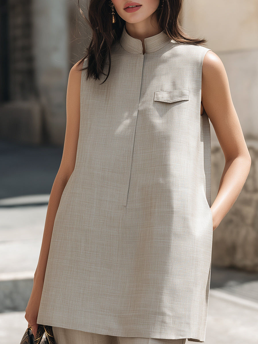 Sleeveless Minimalist Mandarin Collar Tunic Top