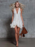 Vintage Western V-Neck Front Zipper And Lace Trim White Cotton-Linen Mini Dress