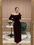 Cocoslly Off-The-Shoulder Long Sleeves High Waist Long Prom Dress With Sequins And Feathers | Burgundy Sequins CO0036