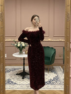 Cocoslly Off-The-Shoulder Long Sleeves High Waist Long Prom Dress With Sequins And Feathers | Burgundy Sequins CO0036