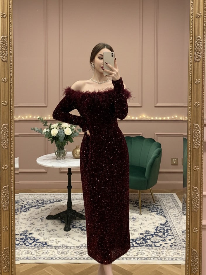 Cocoslly Off-The-Shoulder Long Sleeves High Waist Long Prom Dress With Sequins And Feathers | Burgundy Sequins CO0036