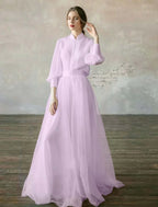 Cocoslly High Neck Long Sleeves High Waist Long Prom Dress | Blushing Pink Tulle LR0409