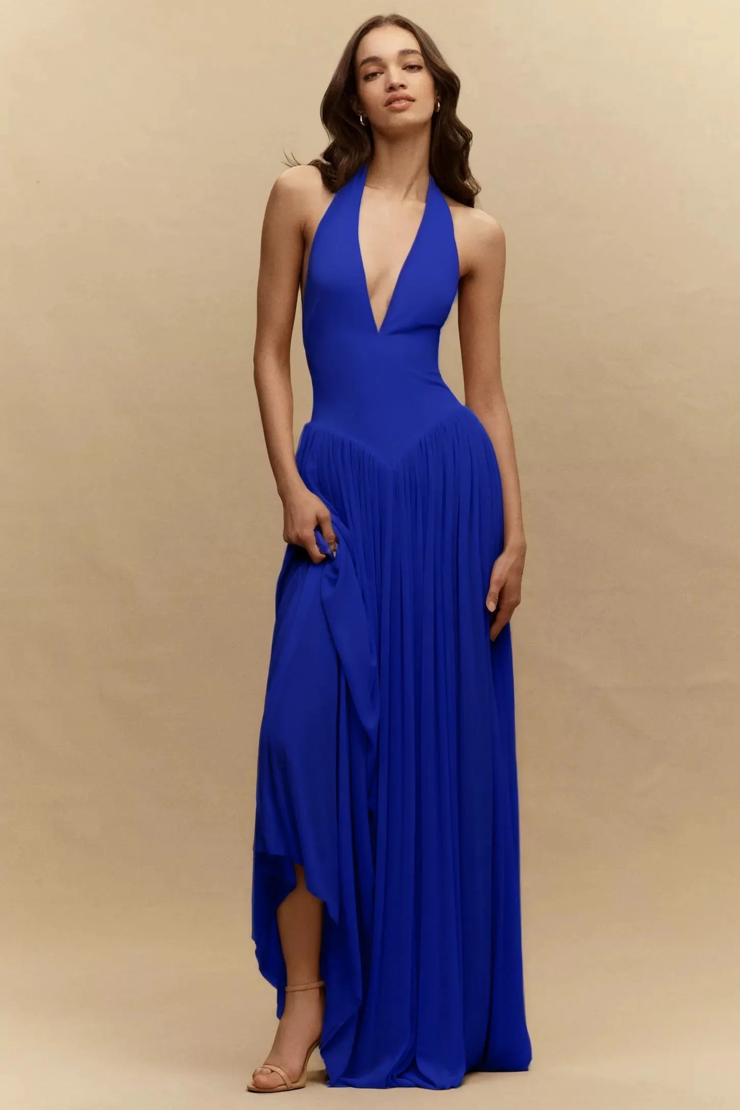 Cocoslly Halter V-Neck Sleeveless High Waist Long Prom Dress | Blushing Pink Chiffon YC0573