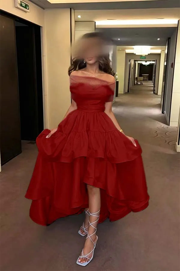 Cocoslly Off-The-Shoulder Sleeveless High Waist Long Prom Dress With Ruffles | Baby Blue Satin ZT0725