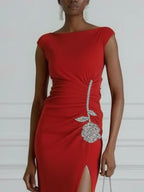 Red Applique Side-Slit Knit Boat Neck Cap Sleeve Bodycon Maxi Dress