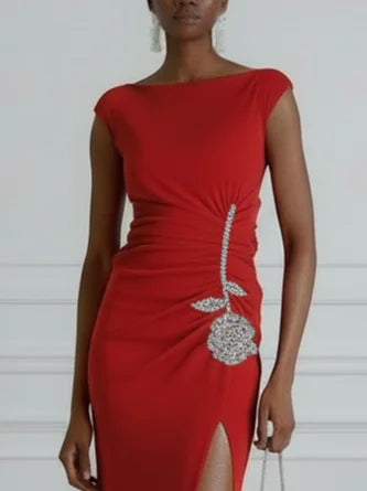 Red Applique Side-Slit Knit Boat Neck Cap Sleeve Bodycon Maxi Dress