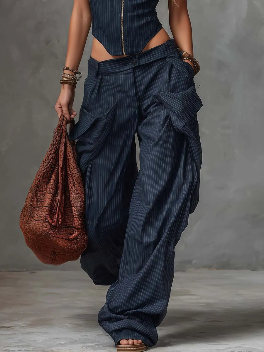 Personality Retro Casual Navy Blue Striped Square-Neck Front Zipper Top And Pants Set