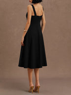 Black Buckle Notched Sleeveless A-Line Midi Dress With Pockets