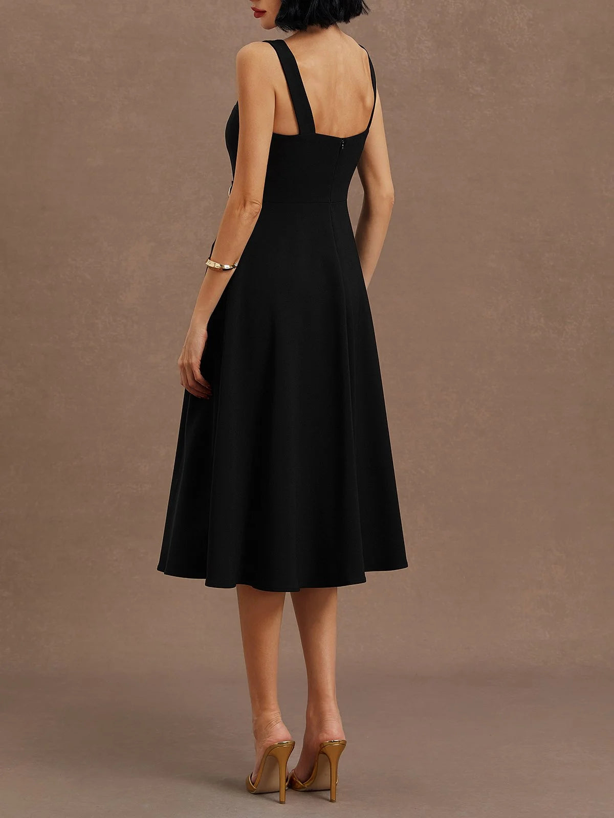Black Buckle Notched Sleeveless A-Line Midi Dress With Pockets