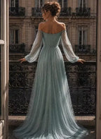 Cocoslly Off-The-Shoulder Long Sleeves High Waist Long Prom Dress With Sequins | Mist Mint Green Tulle LX0086