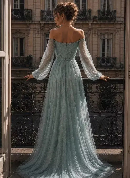 Cocoslly Off-The-Shoulder Long Sleeves High Waist Long Prom Dress With Sequins | Mist Mint Green Tulle LX0086
