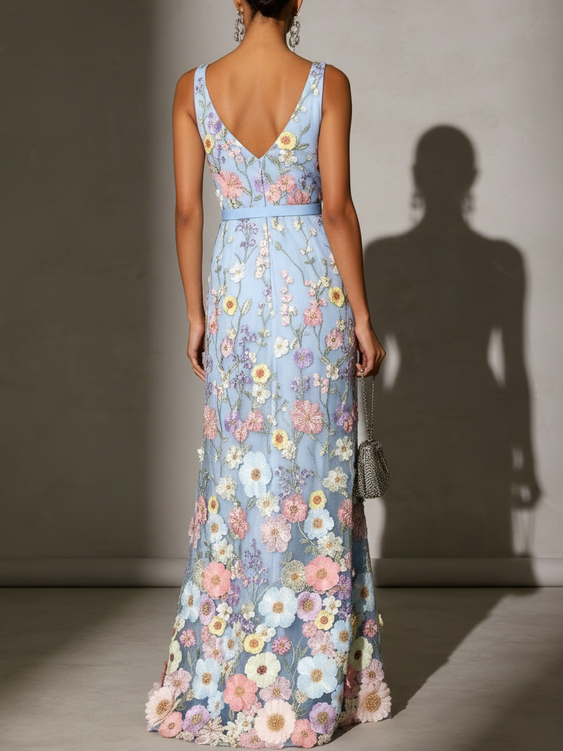 Light Blue Floral Embroidered Classic V Neck Sleeveless A-Line Floor-length Gown Dress