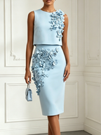 Women Blue 3D Floral Crew Neck Sleeveless Elegant Top With Skirt Two-Piece Set