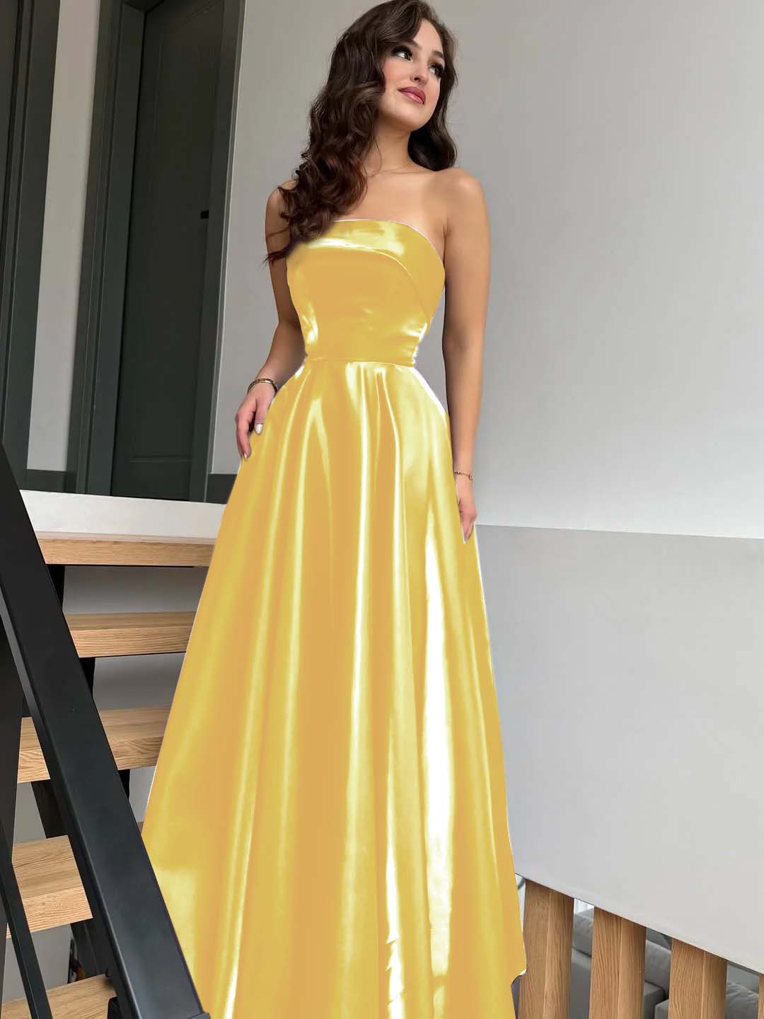 Satin Strapless Sleeveless High-Waisted Long A-Line Prom Dress With Pleated YK0638