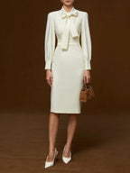 Off White Bow Classic Crew Neck Long Sleeve Sheath Midi Dress