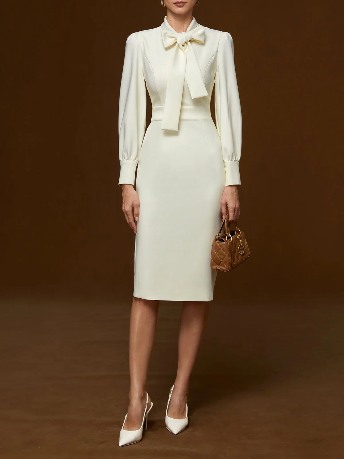 Off White Bow Classic Crew Neck Long Sleeve Sheath Midi Dress
