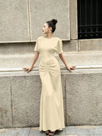 Cocoslly Round Neck Short Sleeves High Waist Long Prom Dress With Pleated | Wine Red Satin DB0023