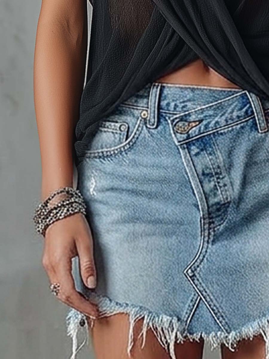 Vintage Versatile Blue Distressed Denim Asymmetrical Mini Skirt