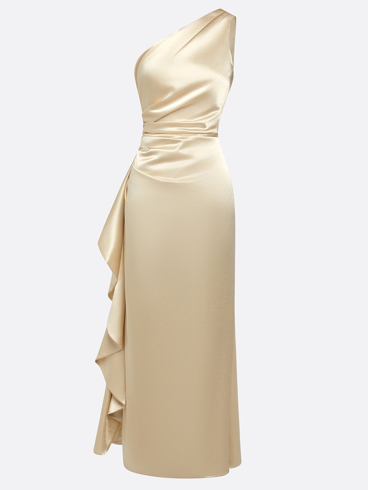 Champagne Ruffled Ruched Satin One Shoulder Sleeveless Sheath Floor-length Gown Dress