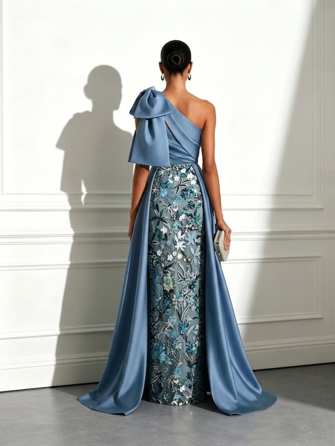 Blue Bow Satin One Shoulder Sleeveless A-Line Gown Dress