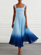 Light Blue Ombre Pleated Chiffon Square Neck Sleeveless A-Line Midi Dress