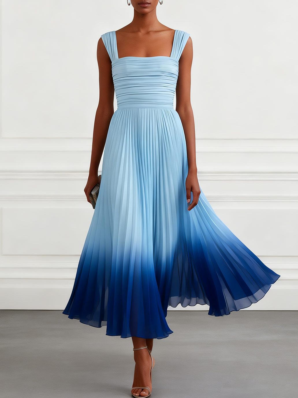 Light Blue Ombre Pleated Chiffon Square Neck Sleeveless A-Line Midi Dress