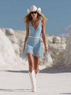 Western Bohemian Tassel Light Blue Faux Suede Sleeveless Mini Dress