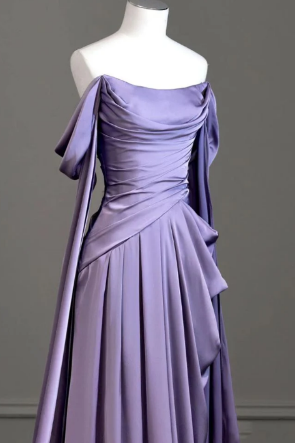 Cocoslly Off-The-Shoulder Pleated Long Prom Dress With Trailing On Both Sides | Purple Satin ZT0580