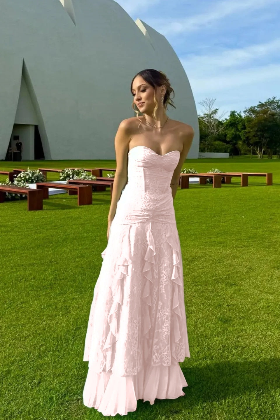 Cocoslly Strapless Sweetheart Sleeveless High Waist Long Prom Dress With Ruffles | Mint Green Chiffon YC0477