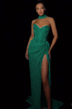 Cocoslly Strapless Sleeveless High Waist Long Split Prom Dress With Appliques And Scarfs | Silver Sequins JZ0147