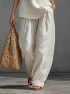 Casual Urban Style White Linen V-neck Sleeveless Top And Wide Leg Pants Set