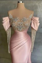 Cocoslly Off-The-Shoulder Long Lace Sleeves Long Split Mermaid Prom Dress With Beaded Applique Embroidery | Pink Satin ED0148