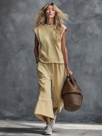 Retro-Casual Sports Light Yellow Cotton Crew-Neck Top And Cropped Pants Set