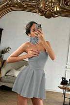 Cocoslly Strapless Sleeveless High Waist Short Prom Dress With Flower | Red Satin ZT0783