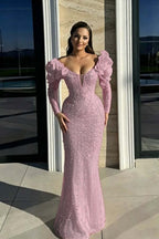 Cocoslly Strapless Long Sleeves High Waist Long Mermaid Prom Dress With Rhinstone And Flowers | Red Sequins WQ0744