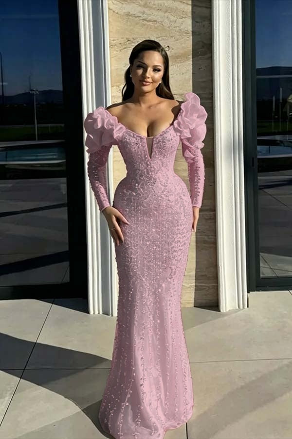 Cocoslly Strapless Long Sleeves High Waist Long Mermaid Prom Dress With Rhinstone And Flowers | Red Sequins WQ0744