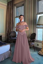 Stunning Off the Shoulder Sleeveless Long Prom Dress With Pleated WQ0225